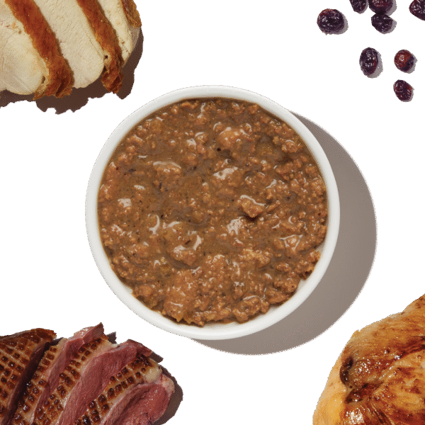Minced Turkey. Chicken & Duck in Bone Broth Gravy